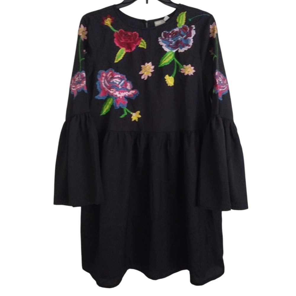 Asos bright multicolor Floral Embroidered Black Dress size US 6